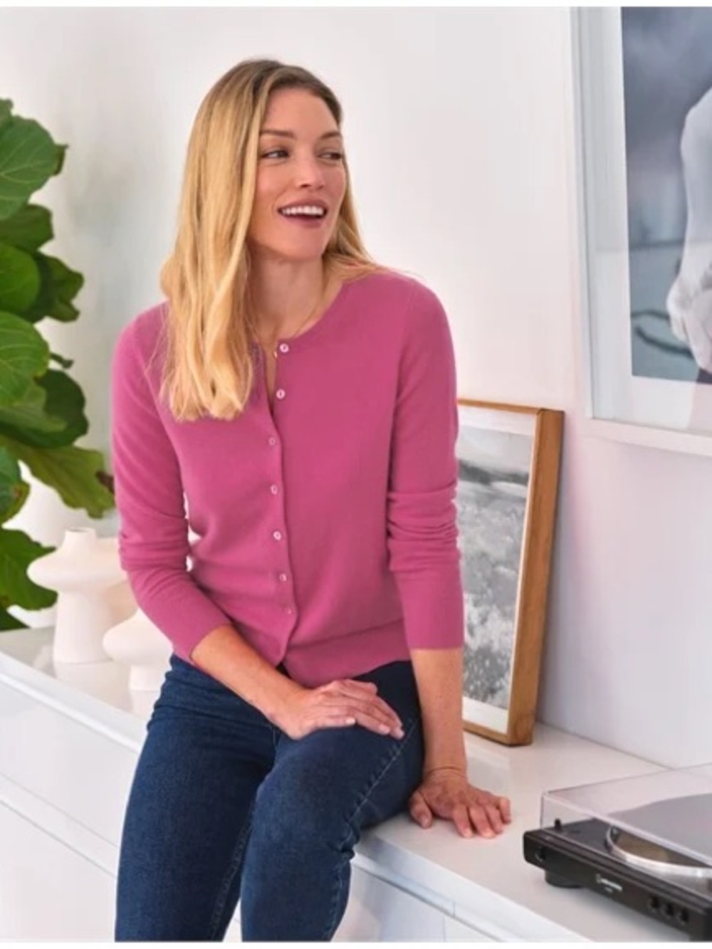 Lands End Pink 100% Cashmere Button Up Sweater Crewneck Cardigan Womens M